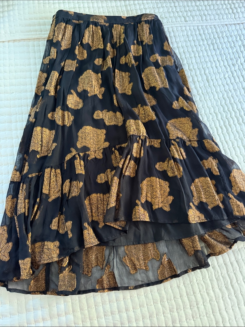 Floreat Black High-Low Tiered Skirt with Metallic Gold Floral